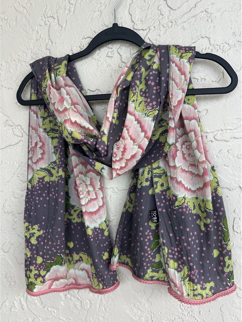 To Be Chicago Scarf Womens Gray Brown Pink Floral Cotton Pom Pom Trim Wrap